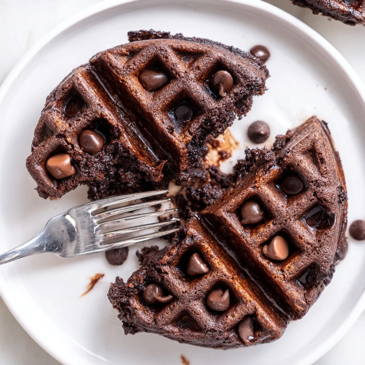 Crisp Fudgy Brownie Waffles topped with whipped cream and fresh berries