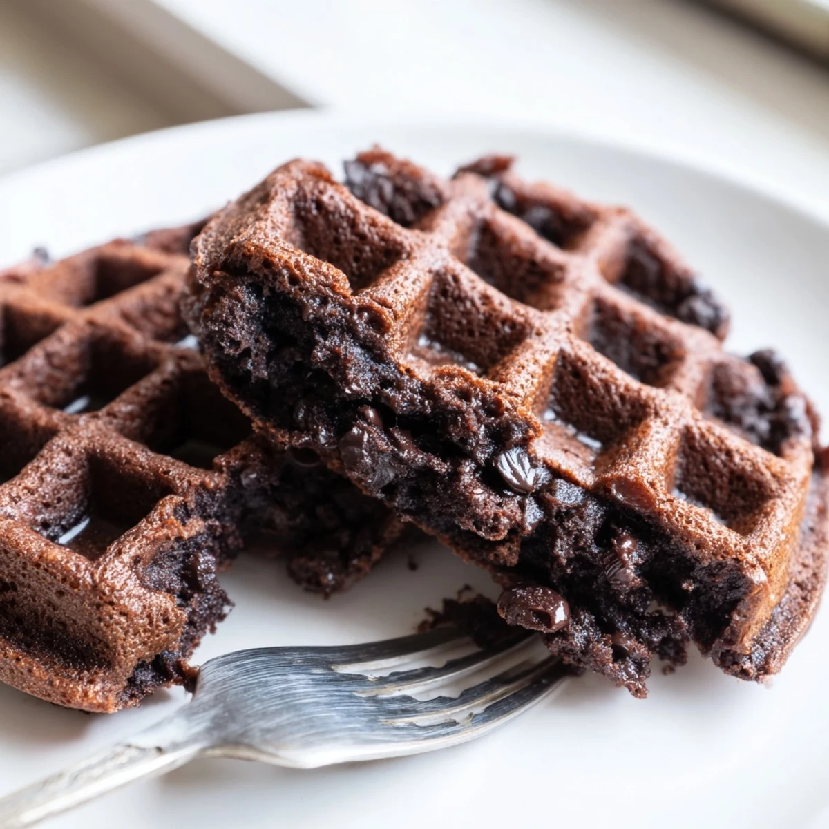 Golden Fudgy Brownie Waffles drizzled with chocolate sauce for decadent brunch