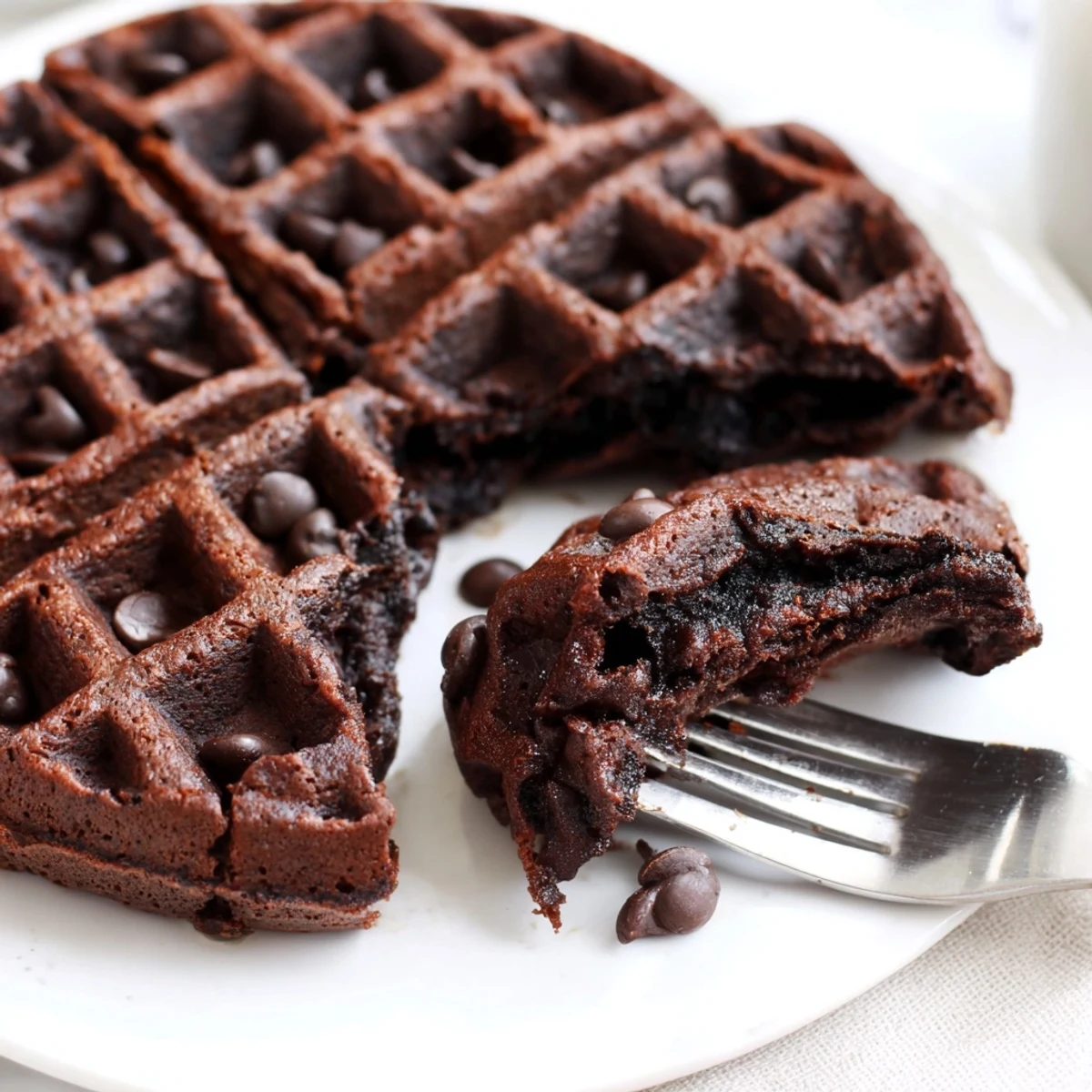 Warm Fudgy Brownie Waffles with gooey chocolate chips on a white plate