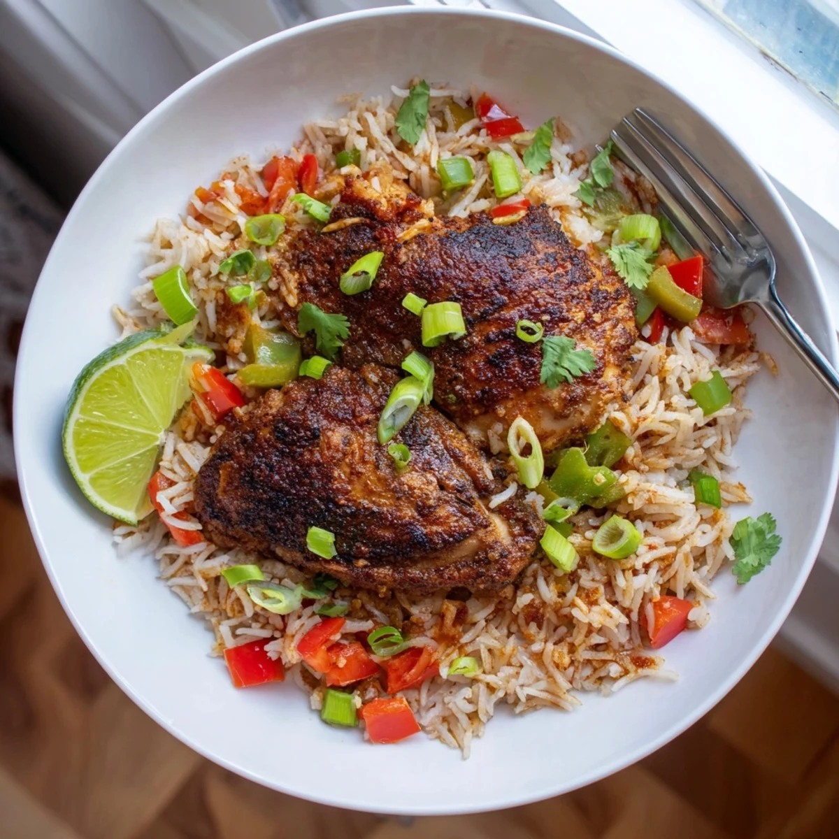 Spicy jerk chicken rice topped with fresh herbs and a lime wedge