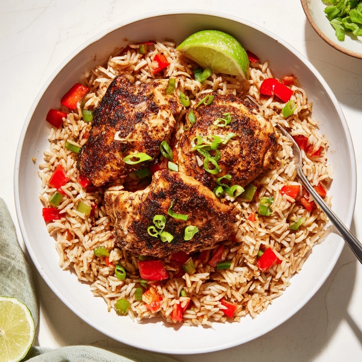 Golden seared spicy jerk chicken rice garnished with spring onions and cilantro