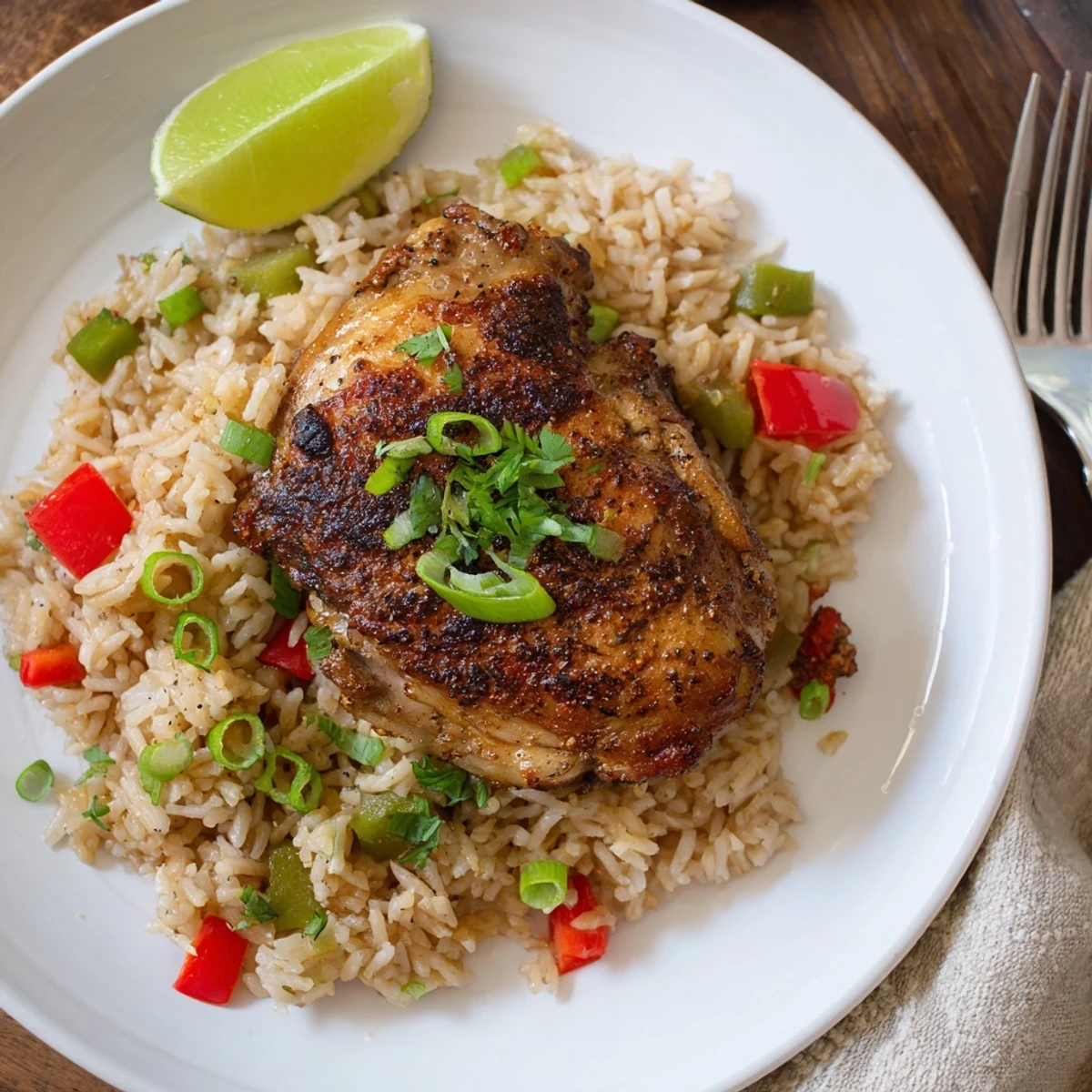 Creamy coconut-infused spicy jerk chicken rice served steaming hot in a cast-iron skillet