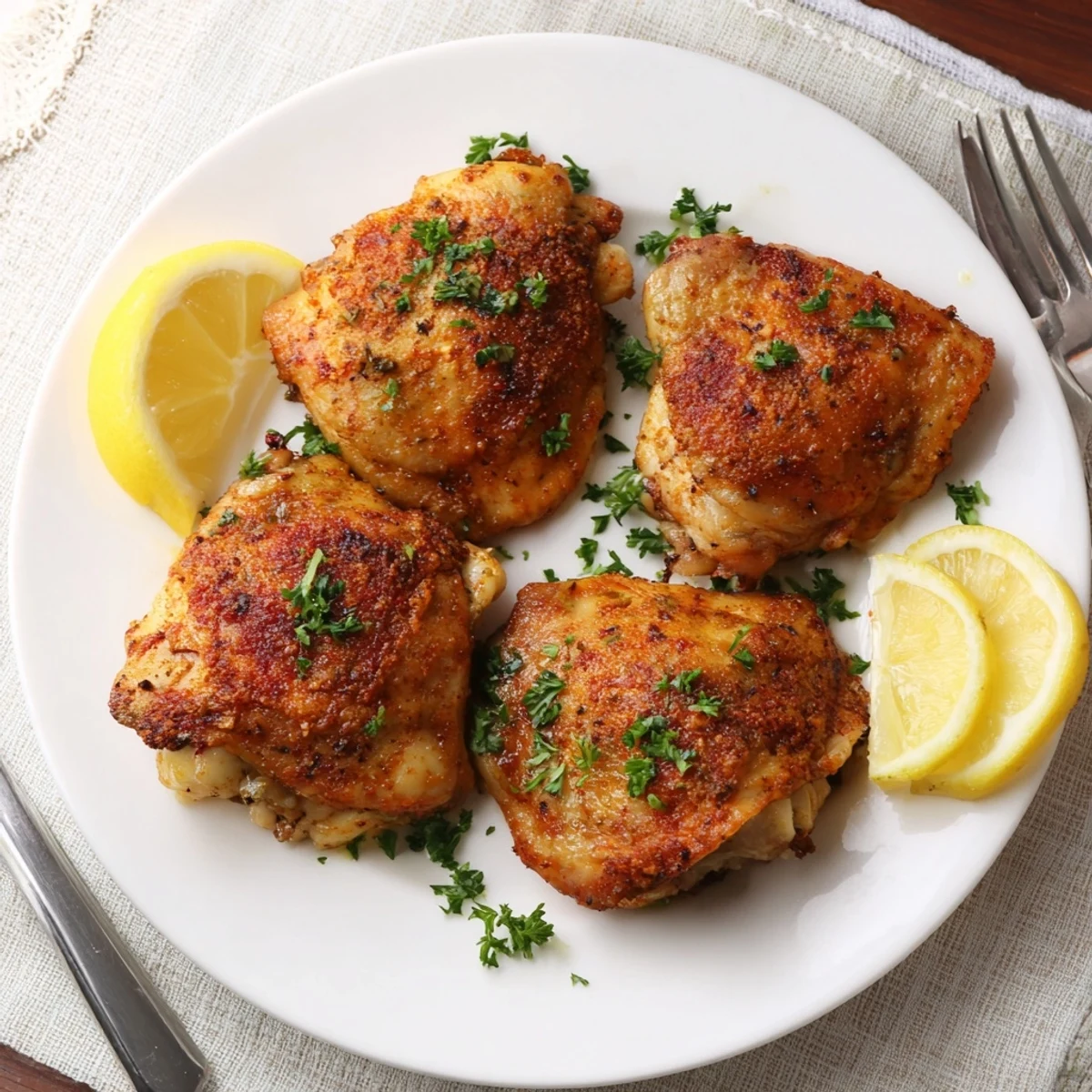 Golden crispy oven baked chicken thighs with herbs on a rustic baking sheet