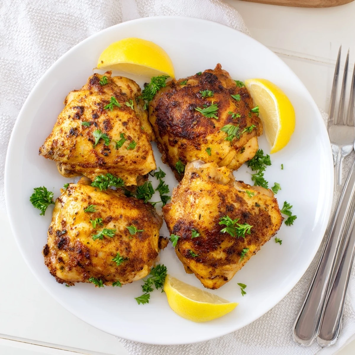 Perfectly roasted oven baked chicken thighs with crispy seasoned skin and tender meat