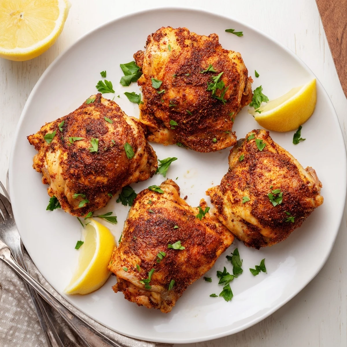 Juicy oven baked chicken thighs garnished with fresh parsley and lemon wedges
