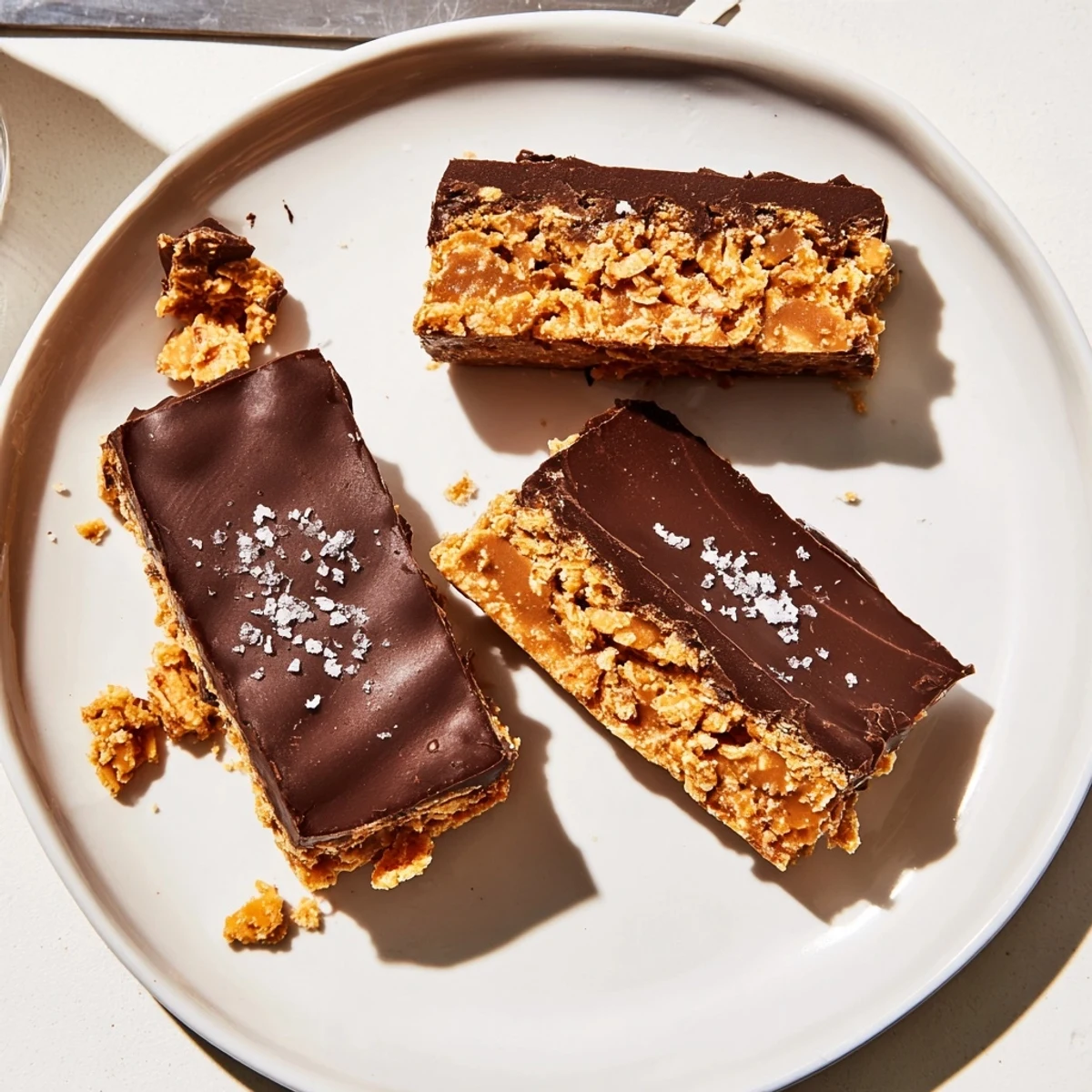 Crunchy healthy homemade Butterfingers dipped in glossy dark chocolate on a parchment-lined tray