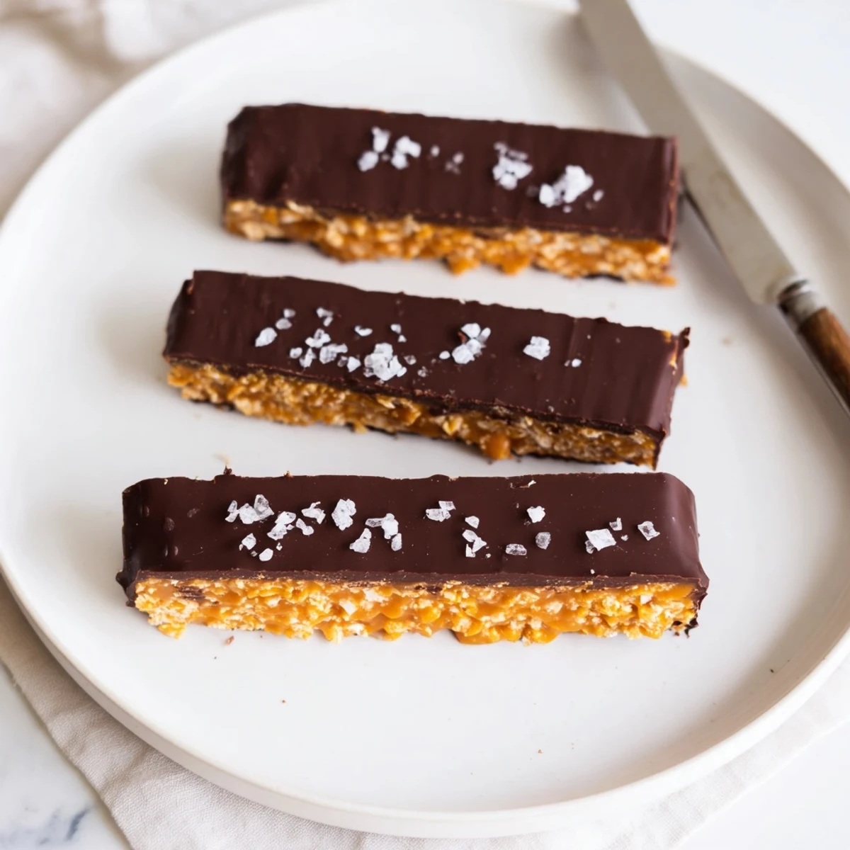 Healthy homemade Butterfingers bars showing a crispy cornflake center enrobed in smooth chocolate