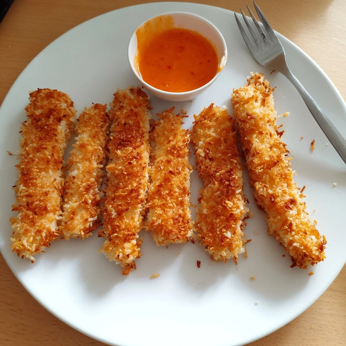 Golden crunchy coconut chicken strips served hot with sweet chili dipping sauce