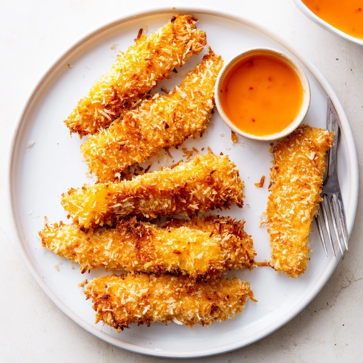 Juicy crunchy coconut chicken fresh from the skillet with a golden crust