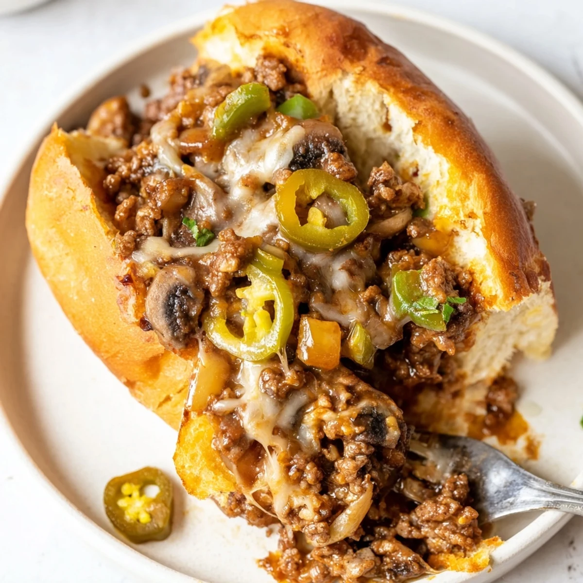Cheesy Philly Sloppy Joes with melted provolone dripping over a golden toasted brioche bun