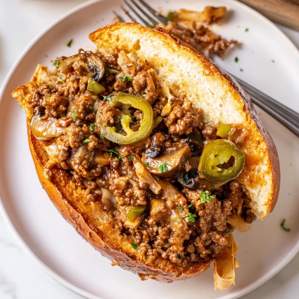 Juicy ground beef and sautéed peppers smothered in cheese for Cheesy Philly Sloppy Joes