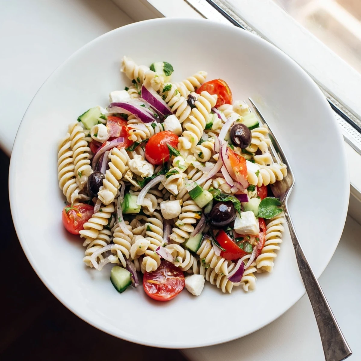 Vegetarian Italian pasta salad tossed with cherry tomatoes, mozzarella pearls, and fresh basil leaves