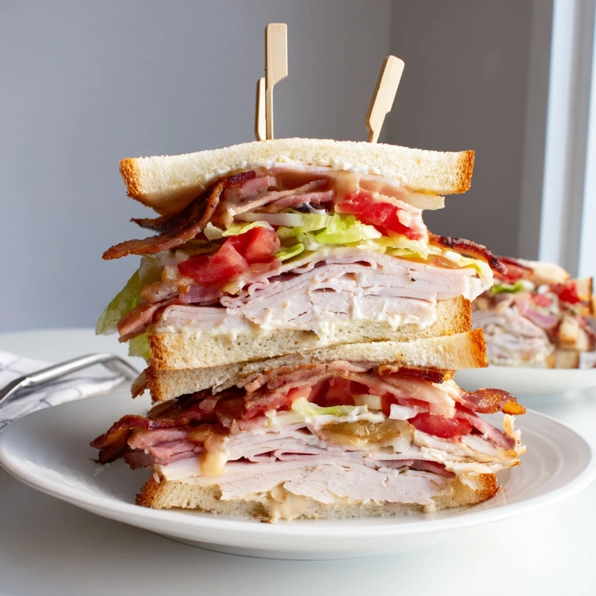 Classic club sandwich stacked with turkey, bacon, lettuce, and tomato on toasted bread
