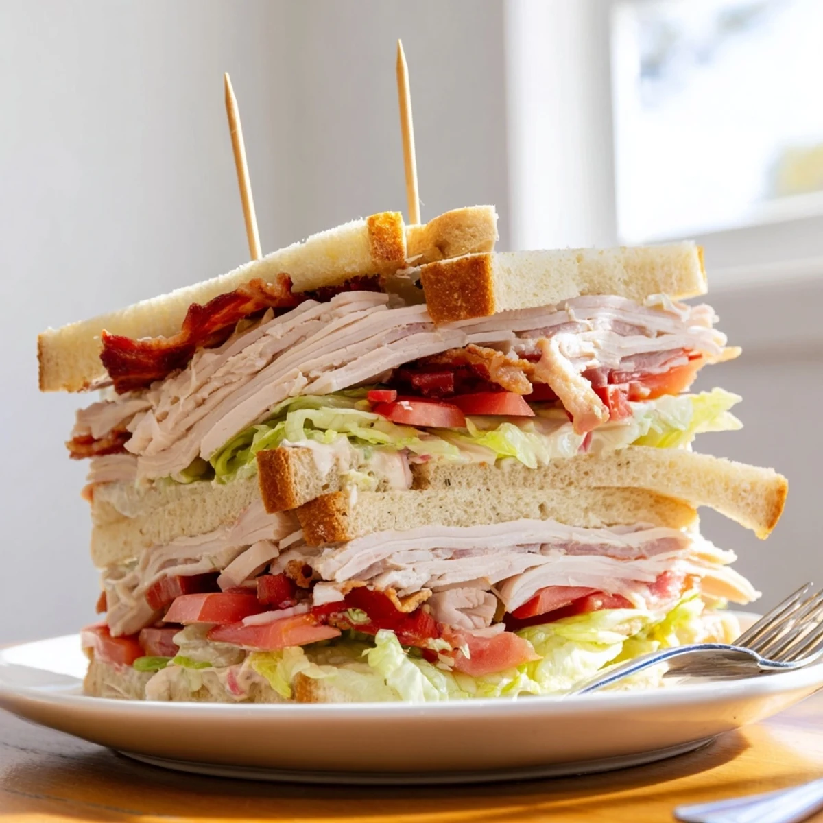 Triple-decker club sandwich recipe featuring crispy bacon, fresh veggies, and creamy mayo
