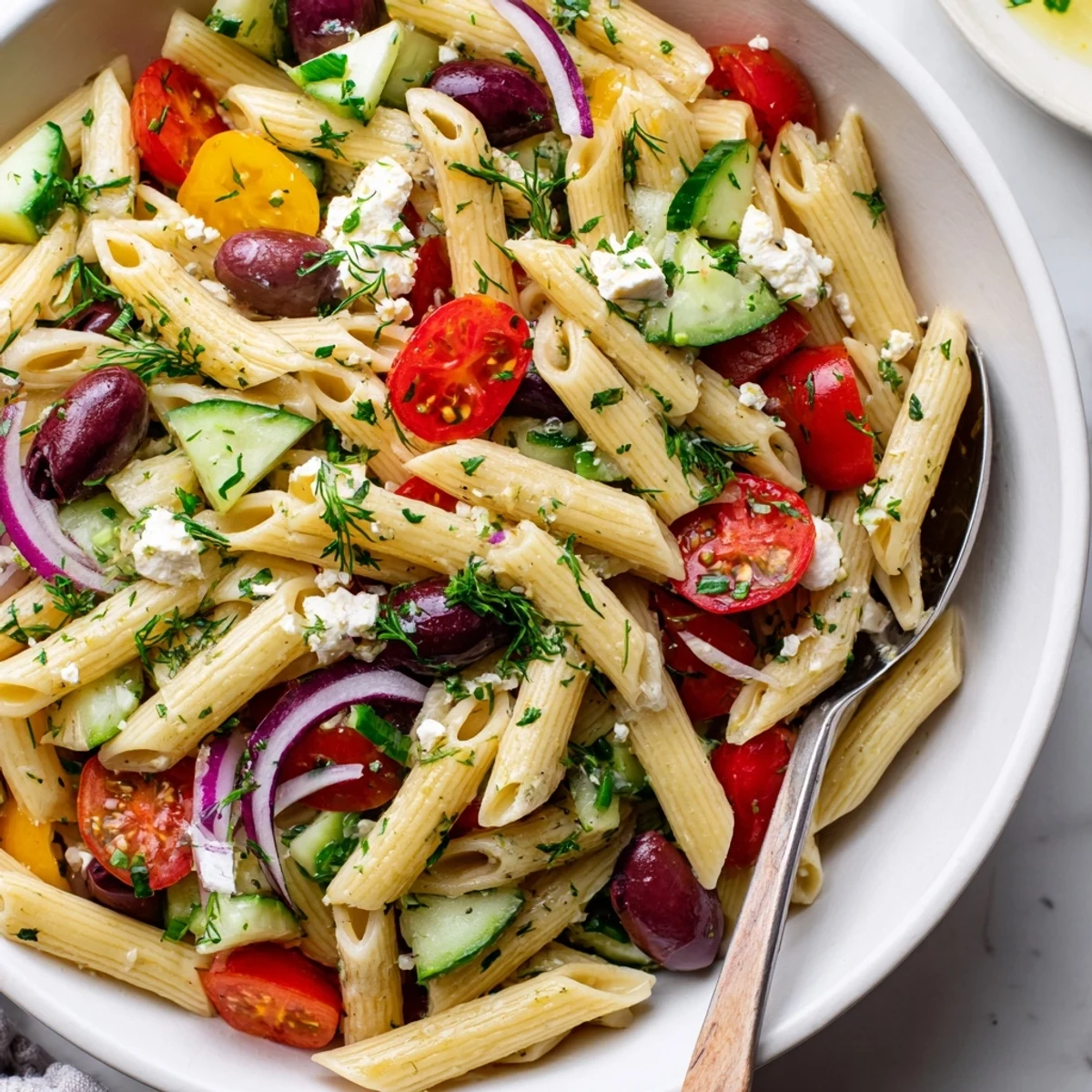 Greek Pasta Salad in a white bowl with feta, olives, and crisp vegetables