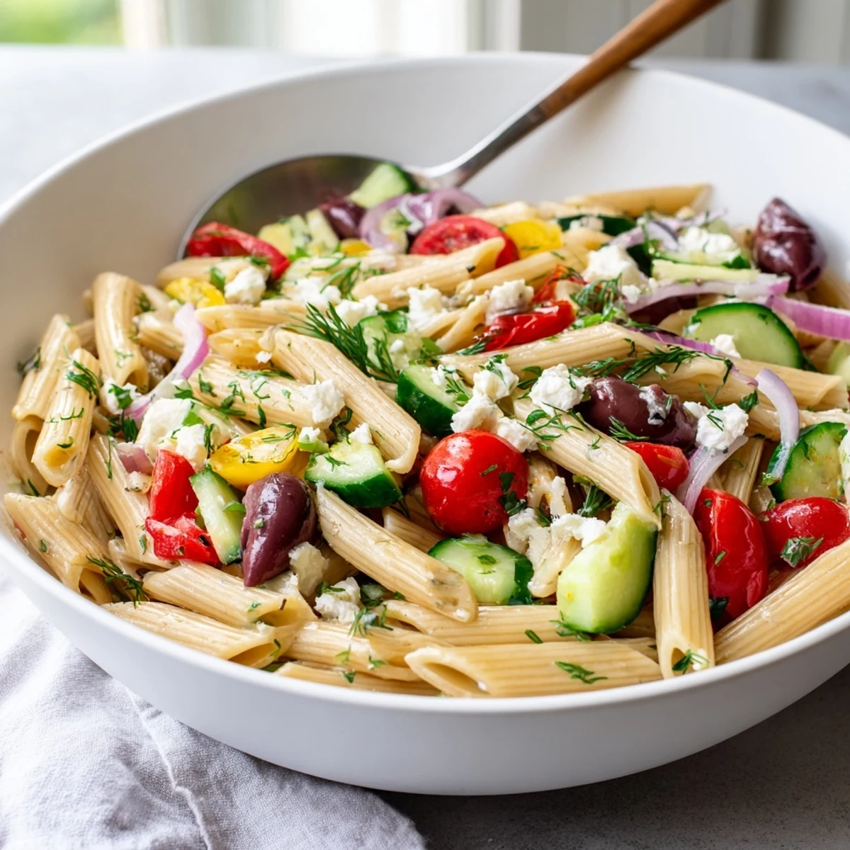 Spoonful of Greek Pasta Salad with cherry tomatoes, cucumber, and crumbled feta