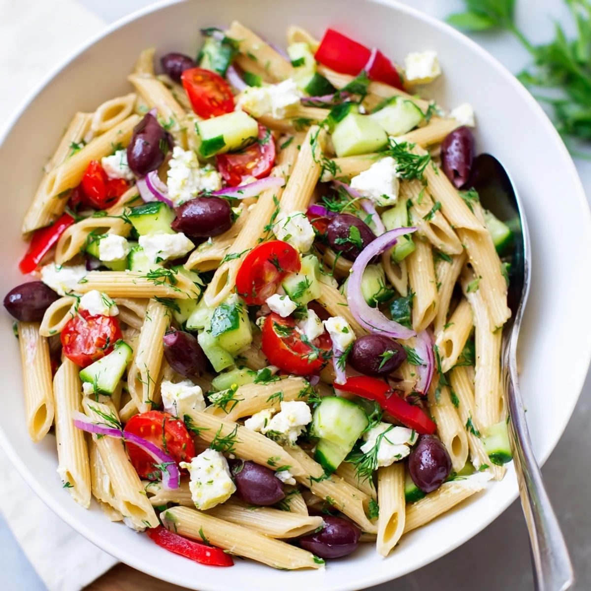 Colorful Greek Pasta Salad tossed in zesty lemon dressing on a rustic table