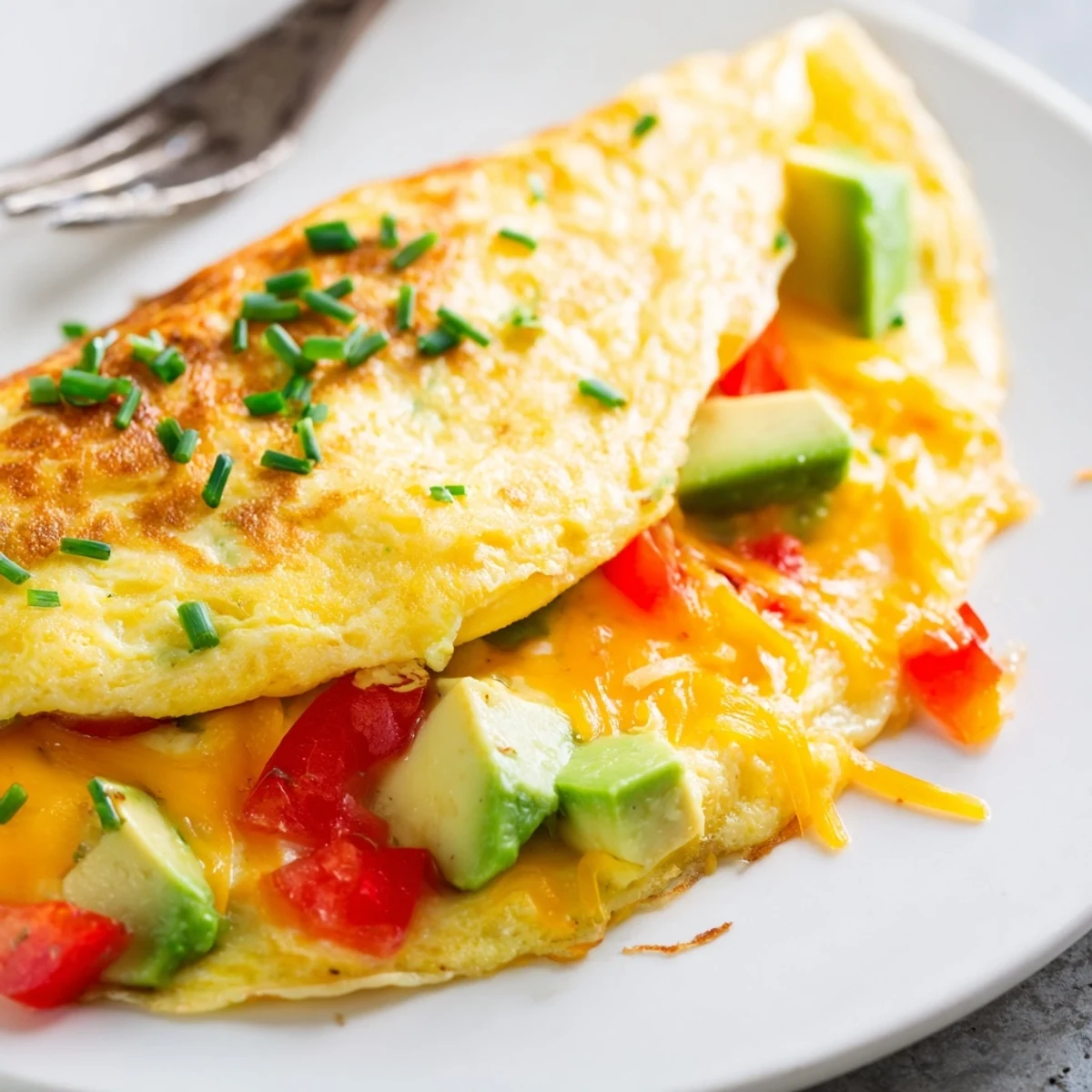 Golden creamy avocado cheesy tomato omelette folded over melted cheddar and ripe avocado slices