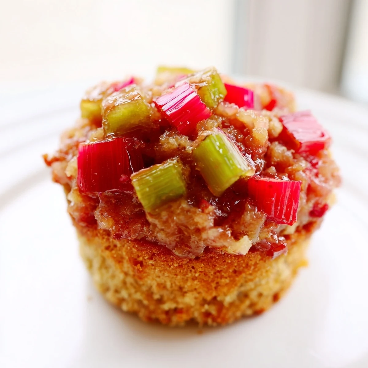 Golden upside down rhubarb muffins with caramelized fruit glistening on top of tender cake