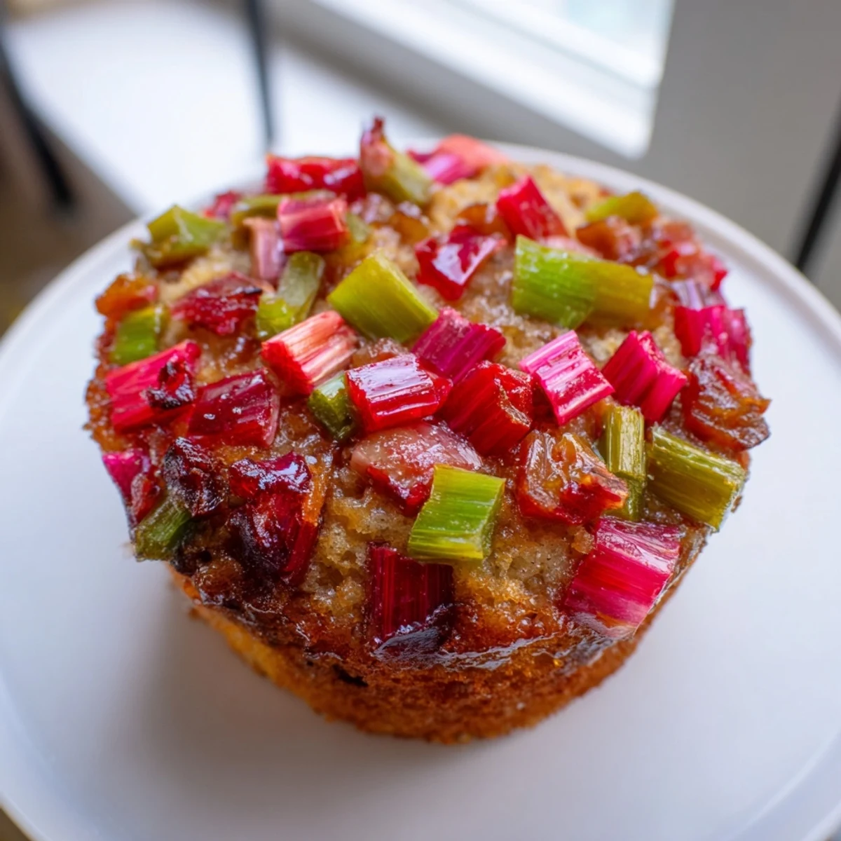 Fresh rhubarb slices glisten atop fluffy upside down rhubarb muffins on a wire cooling rack