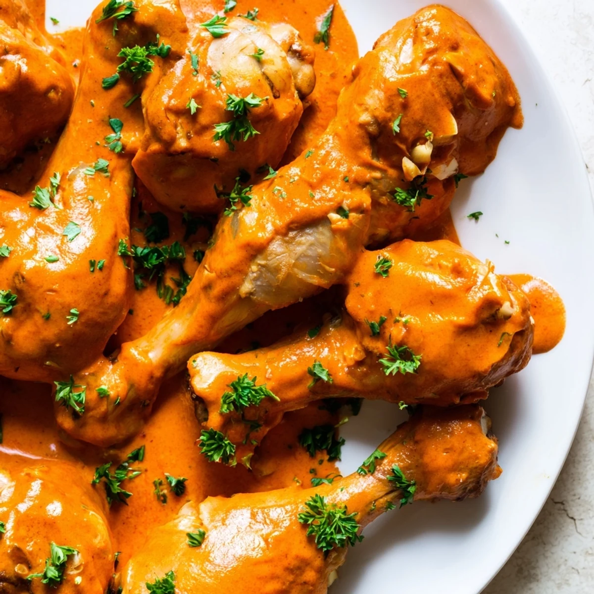 Golden creamy paprika chicken drumsticks glistening in a rich, smoky skillet sauce