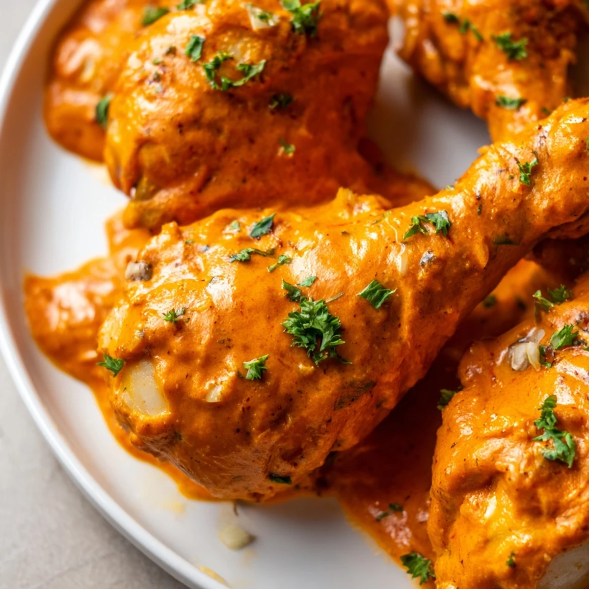 Crispy-skinned creamy paprika chicken drumsticks served hot in a rustic orange-tinted pan gravy