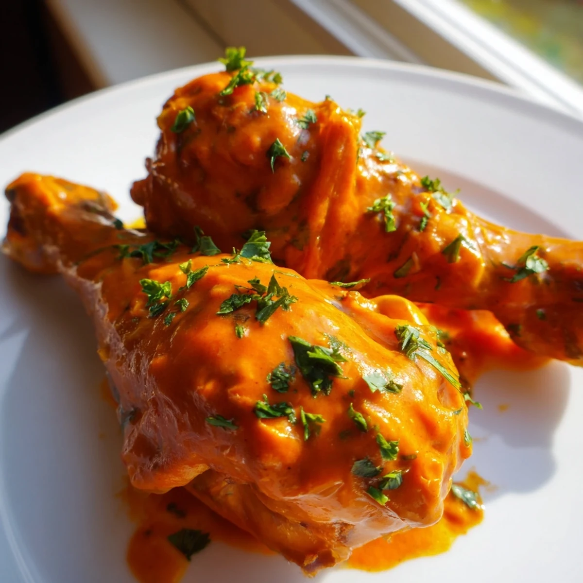 Juicy paprika chicken drumsticks nestled in a velvety cream sauce with fresh parsley
