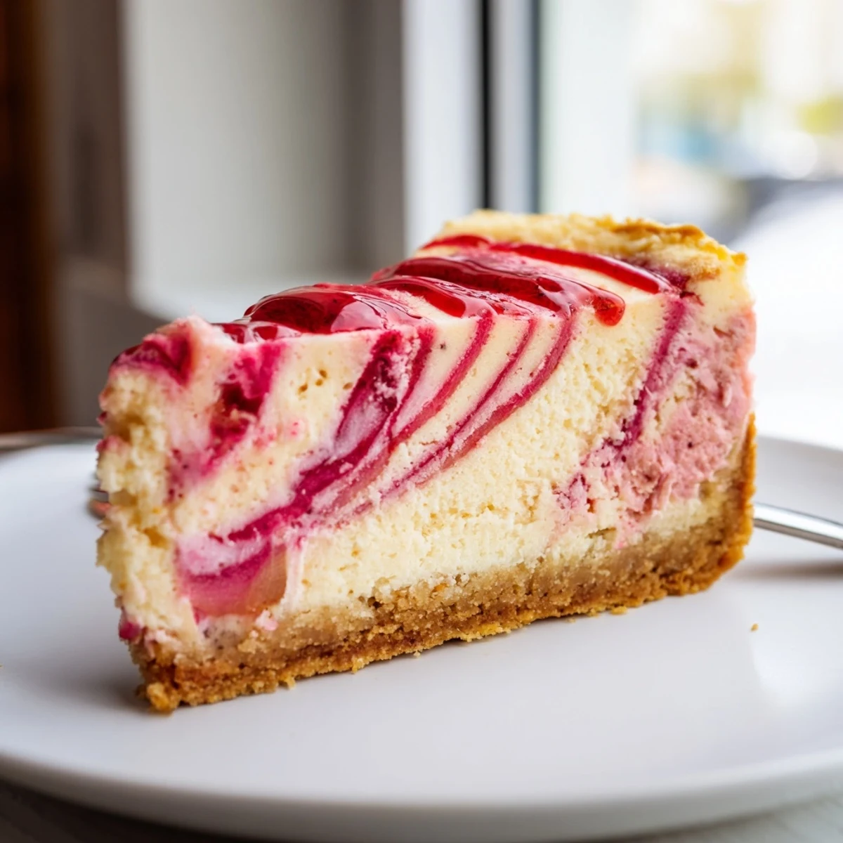 Creamy keto rhubarb cheesecake sliced and served on a white dessert plate