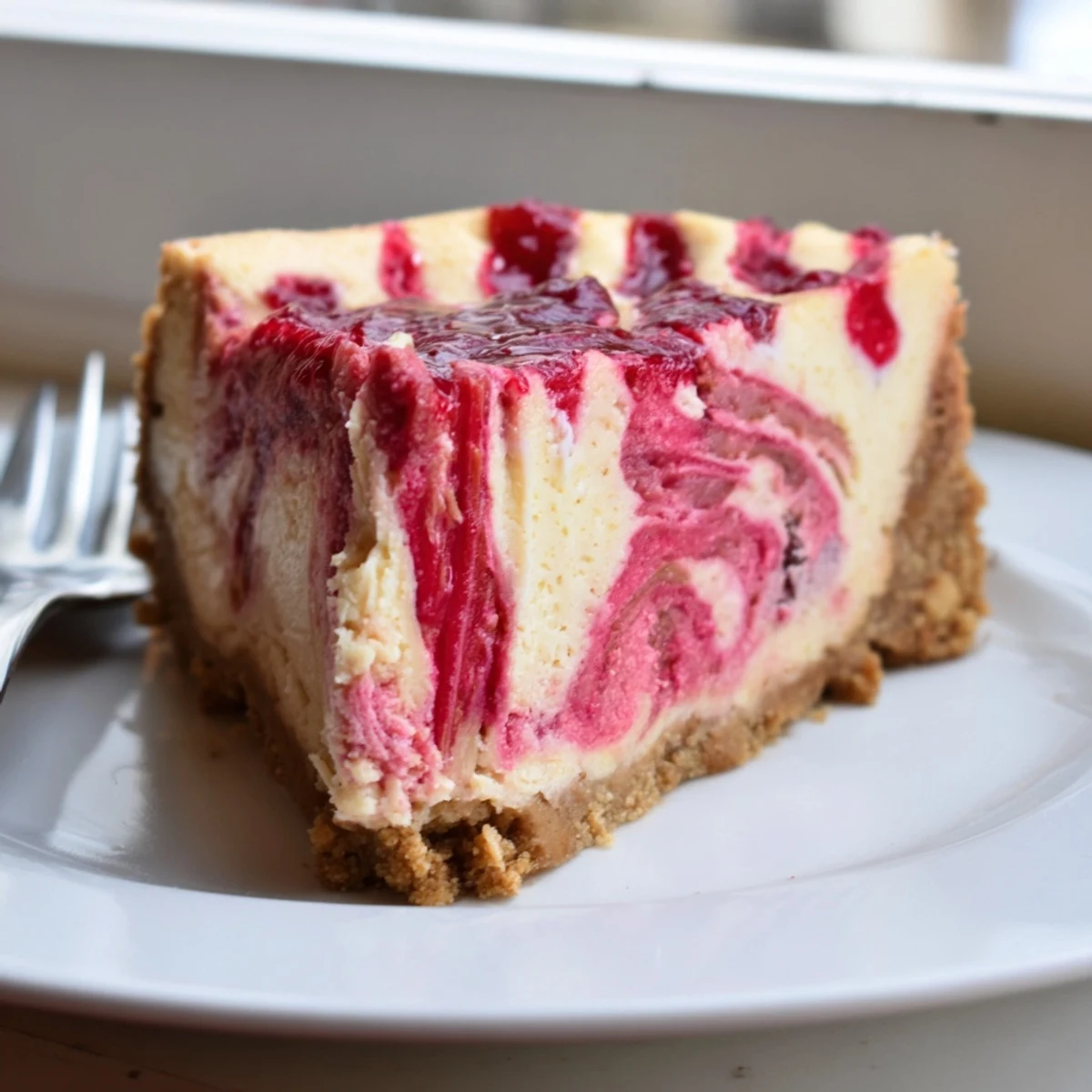 Golden almond flour crust beneath a velvety keto rhubarb cheesecake with swirled topping