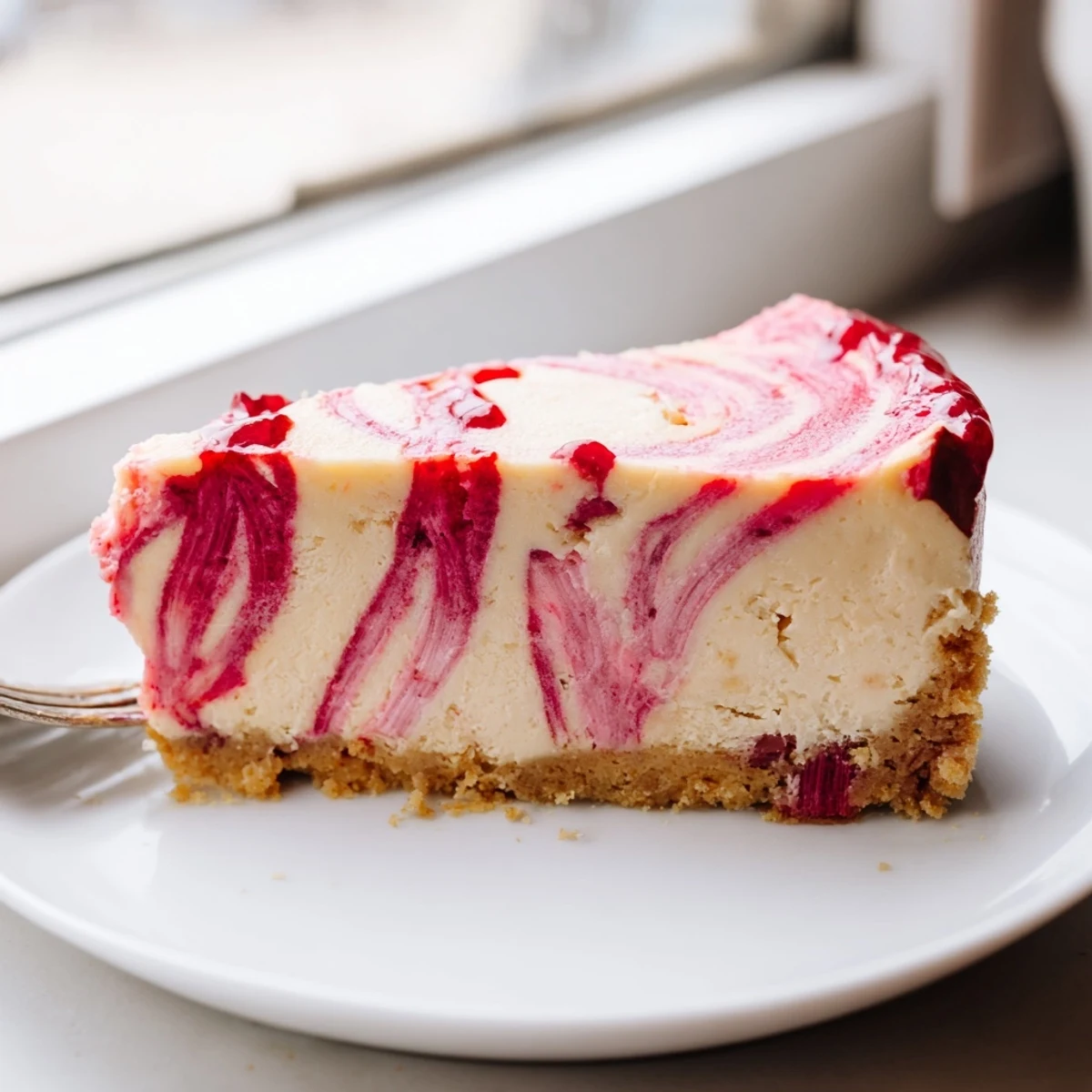 Tangy pink rhubarb ribbons winding through a chilled keto rhubarb cheesecake slice