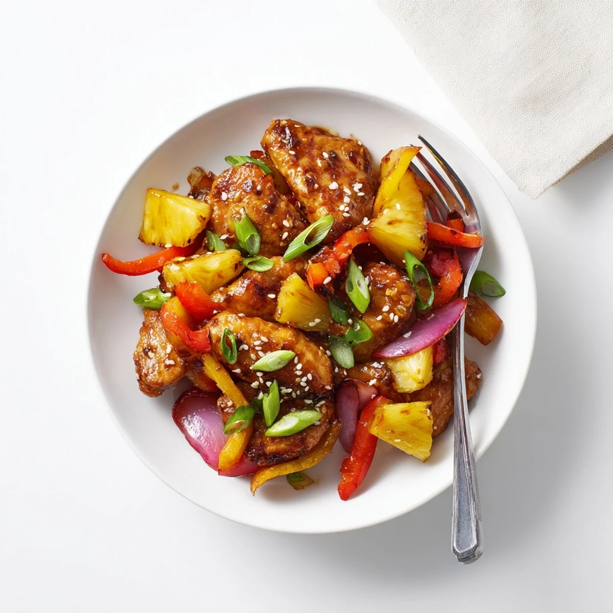 Juicy Hawaiian Chicken thighs draped in glossy soy pineapple sauce alongside tender crisp vegetables