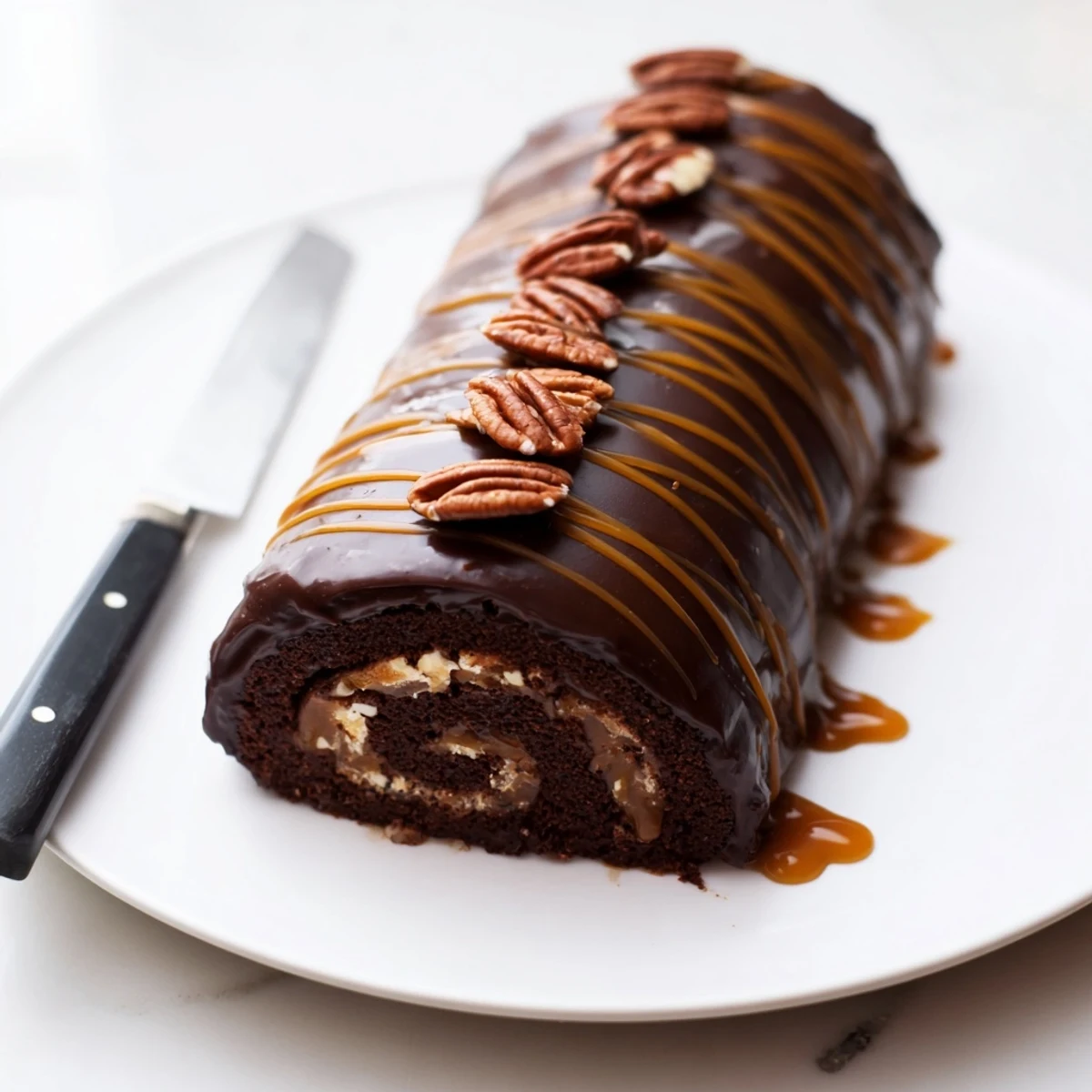 Gooey Chocolate Caramel Turtle Cake Roll drizzled with glossy ganache and toasted pecans