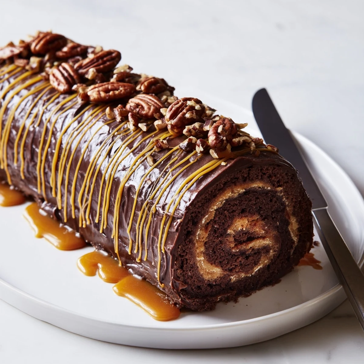 A slice of Gooey Chocolate Caramel Turtle Cake Roll showing rich spiral layers on a plate
