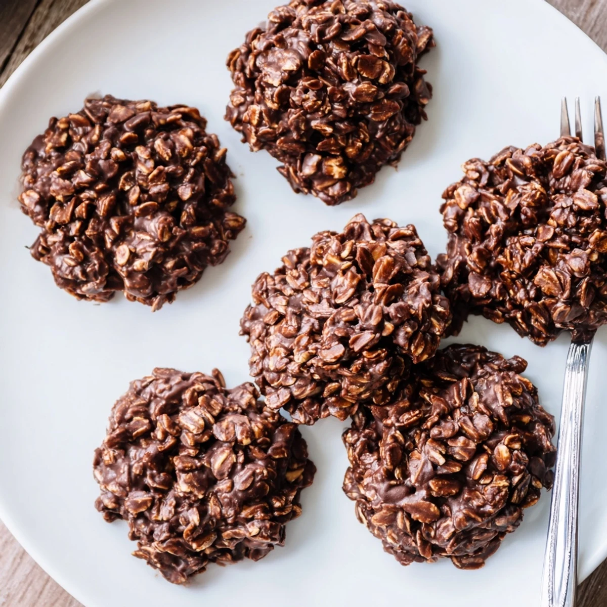 Fudgy chocolate oatmeal no bake cookies piled on a rustic parchment-lined baking sheet