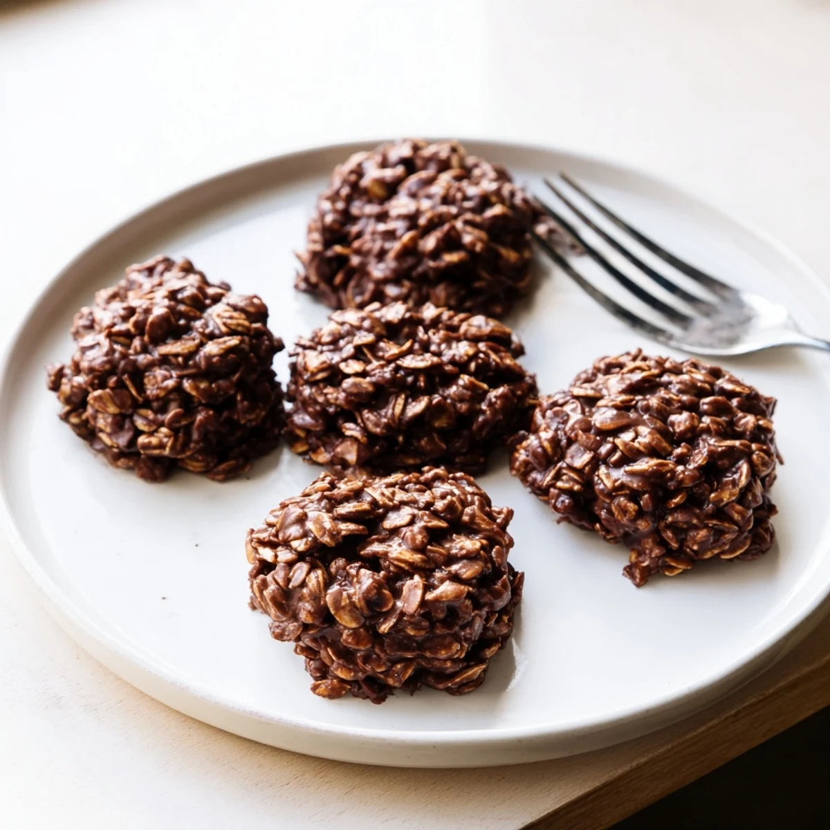 Glossy chocolate oatmeal no bake cookies studded with hearty oats and peanut butter swirls