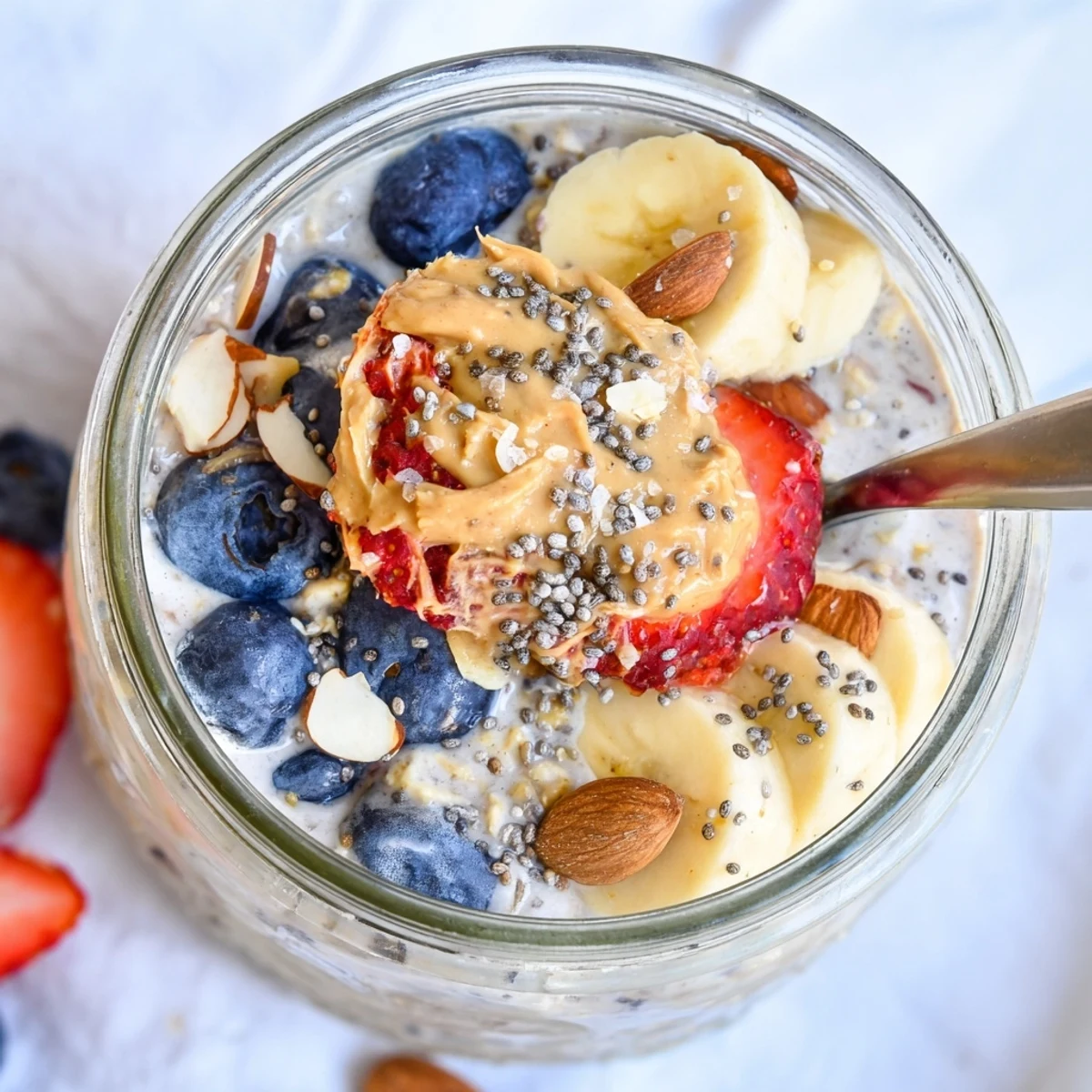 Creamy protein overnight oats topped with fresh berries and a drizzle of nut butter