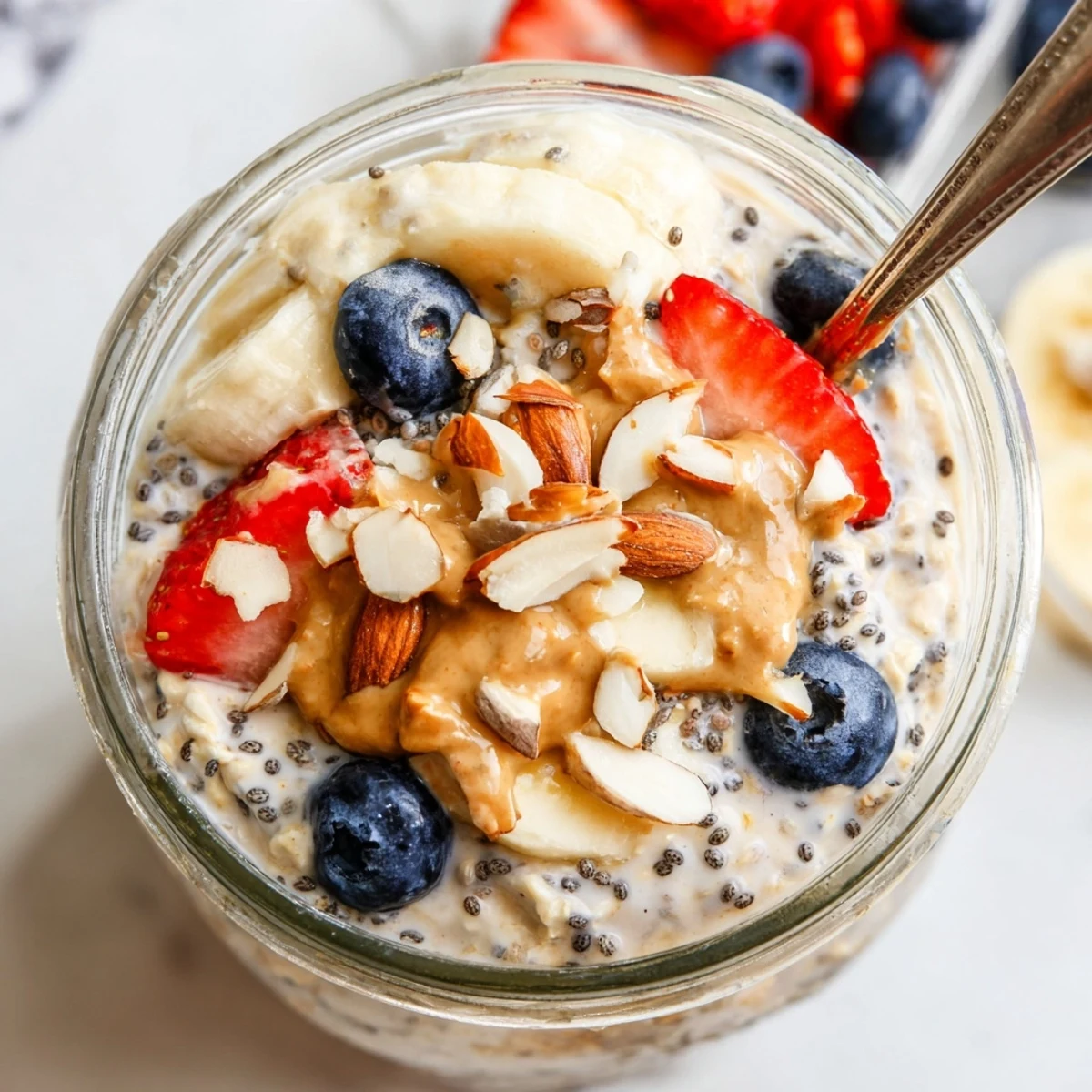 Thick and luscious protein overnight oats served in a jar with sliced banana and chia seeds