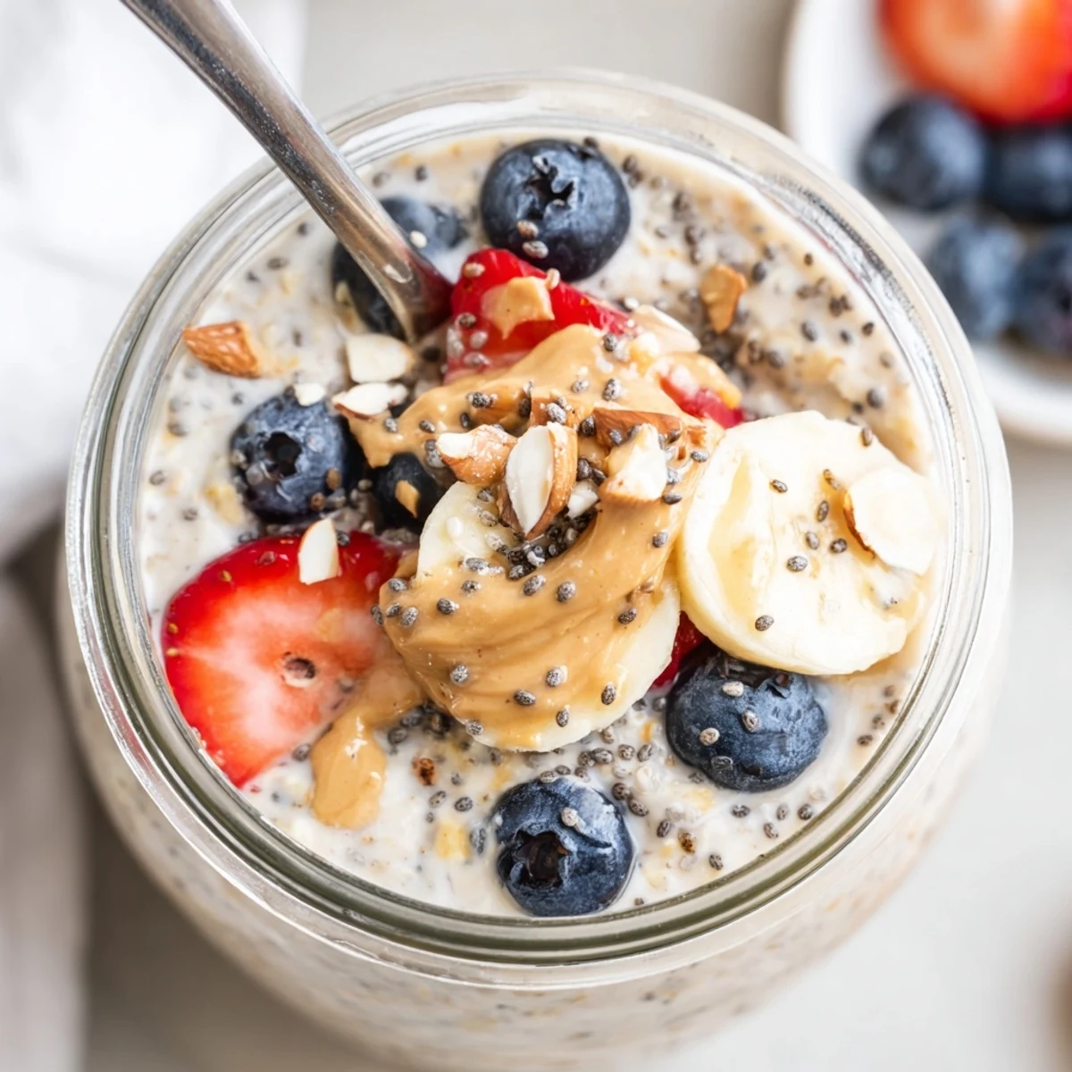 Cool and satisfying protein overnight oats layered with Greek yogurt and colorful mixed berries