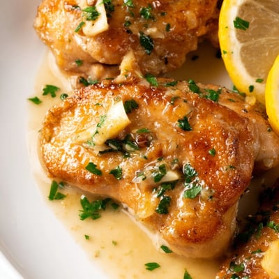 Garlic Butter Chicken served with lemon wedges and fresh herbs on a rustic plate for a flavorful dinner.