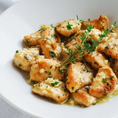 A close-up of Garlic Butter Chicken plated beside creamy mashed potatoes, drizzled with a rich, buttery herb-infused pan sauce.