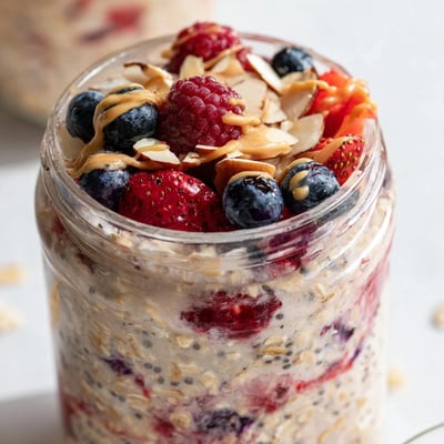 Berry Overnight Oats with Almond Butter topped with sliced almonds and extra berries, a creamy, no-cook chilled breakfast.