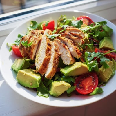 Juicy chicken breast sits atop a vibrant bowl of Avocado Chicken Salad with tomatoes, cucumbers, and herbs.