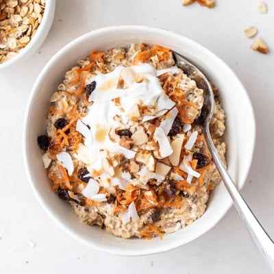A chilled breakfast jar of Carrot Cake Overnight Oats topped with raisins, cinnamon, and a dollop of Greek yogurt.