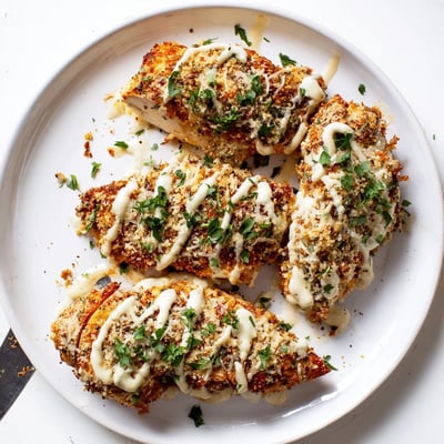 Longhorn Steakhouse Parmesan Crusted Chicken rests on a wooden cutting board next to a small bowl of creamy ranch dip. Fresh chopped parsley sprinkles over the golden crust, emphasizing the savory garlic and smoked paprika seasoning.