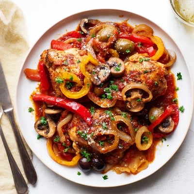 A close up shot of a comforting Slow Cooker Chicken Cacciatore served in a white bowl, garnished with fresh parsley and grated Parmesan cheese.
