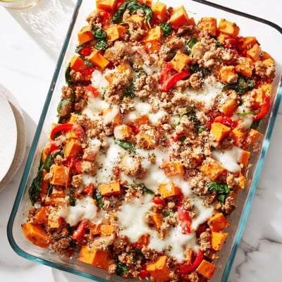 Sliced into servings, this Ground Turkey Sweet Potato Bake highlights tender sweet potatoes and lean ground turkey.