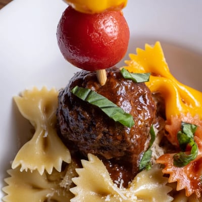 Bowtie Pasta Cocktail Meatball Skewers