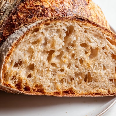 Thick slice of artisan sourdough bread revealing an airy, chewy crumb inside