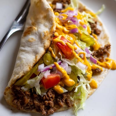Golden flour tortillas cradling juicy smashed beef and gooey cheese in taco form