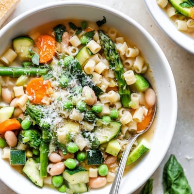 Spring minestrone soup garnished with fresh basil, grated Parmigiano, and a lemon wedge.